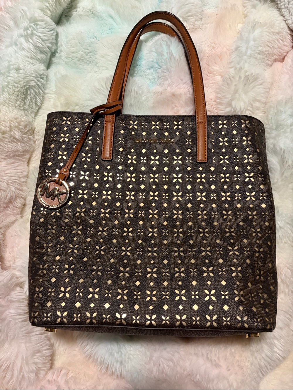 Michael Kors Dark Brown Tote with Tan Handles and Gold Logo Charm